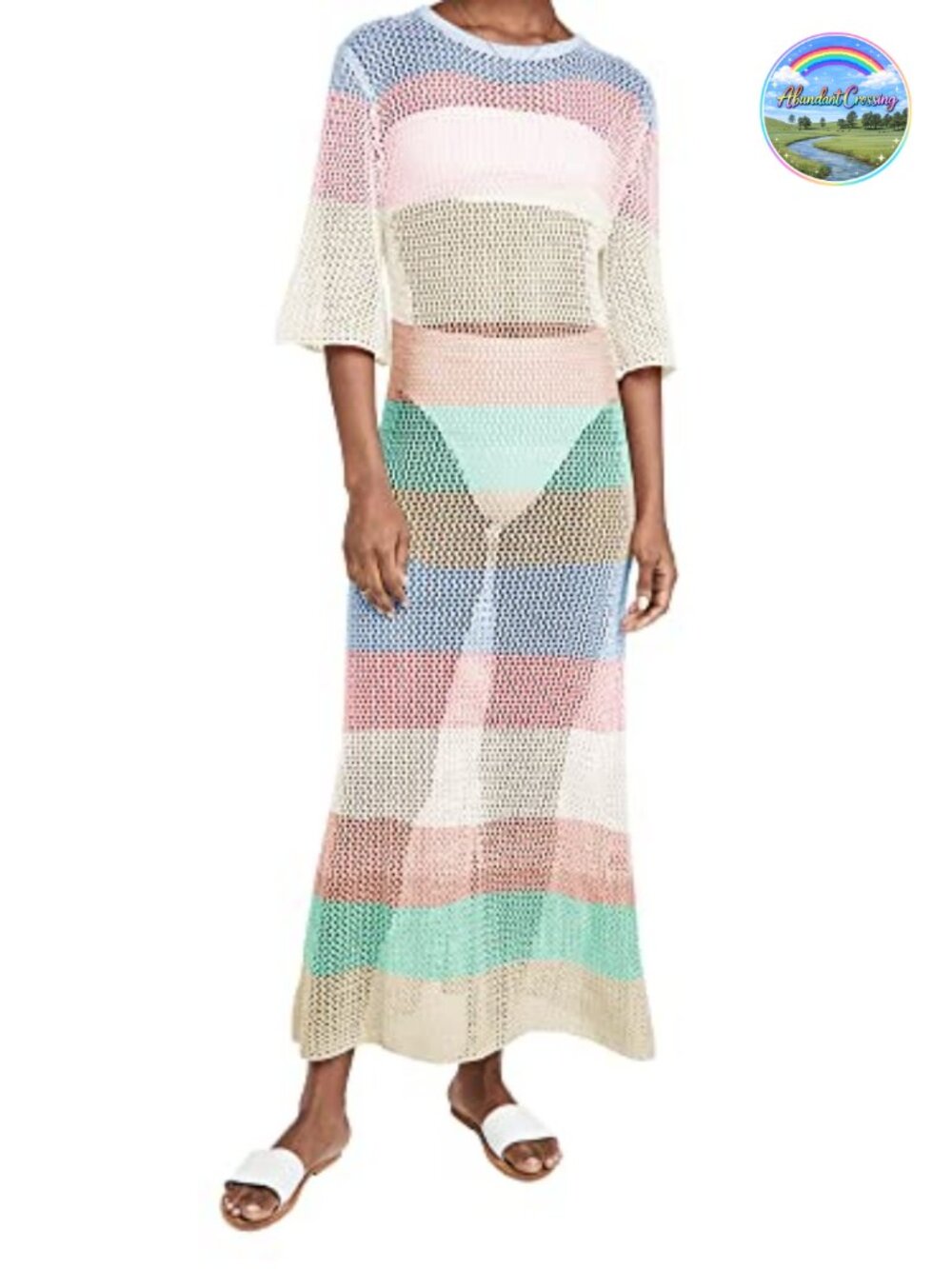 Women's Crochet Knit Cover Up Maxi Beach Dress Half Sleeve Rainbow Swimsuit
